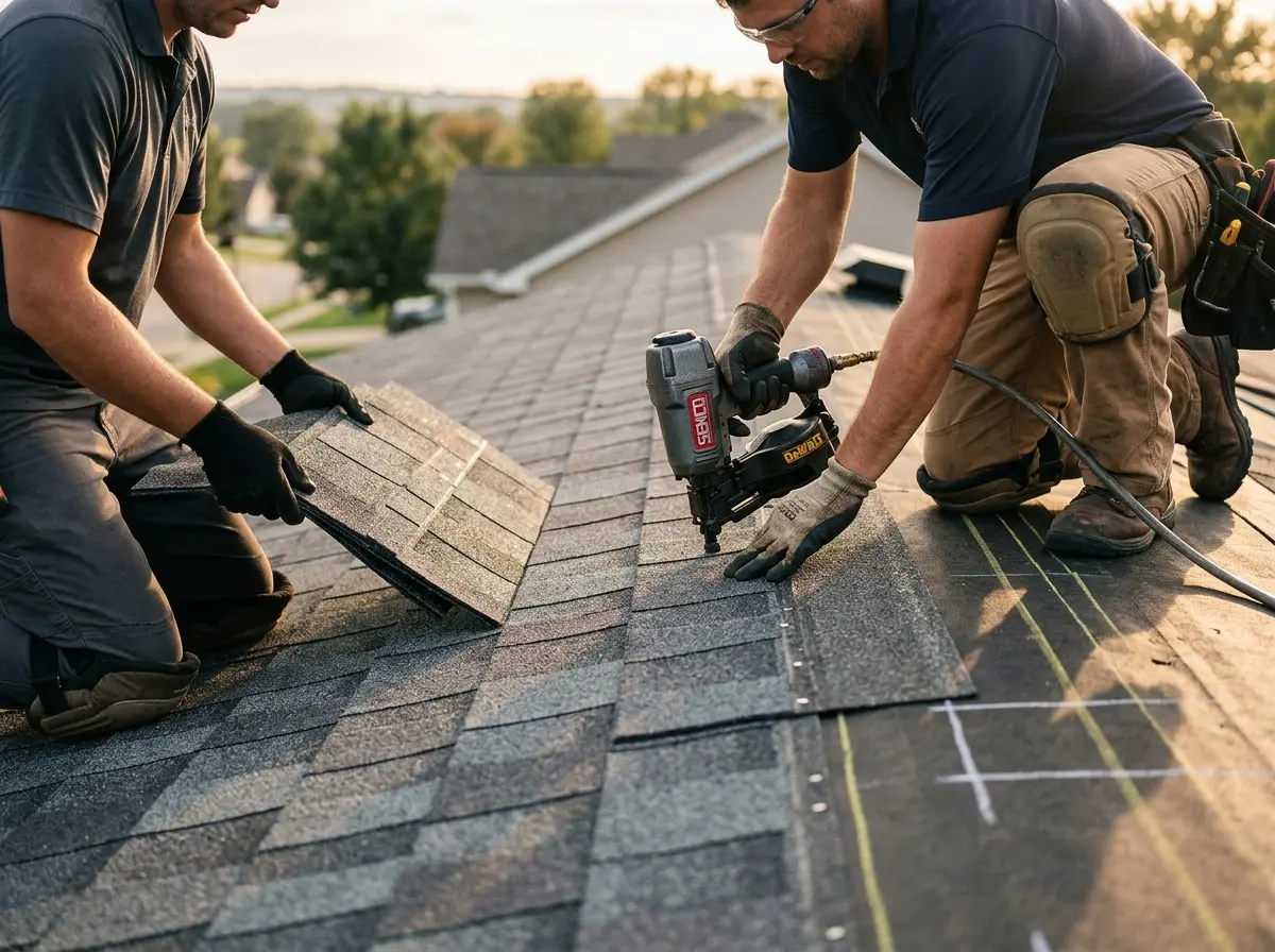 Professional roofer working on a residential roof in Muscoy